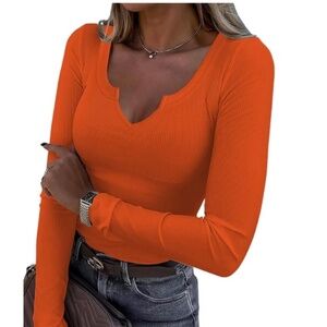 Women's V-Neck Ribbed Orange Long Sleeve Shirts